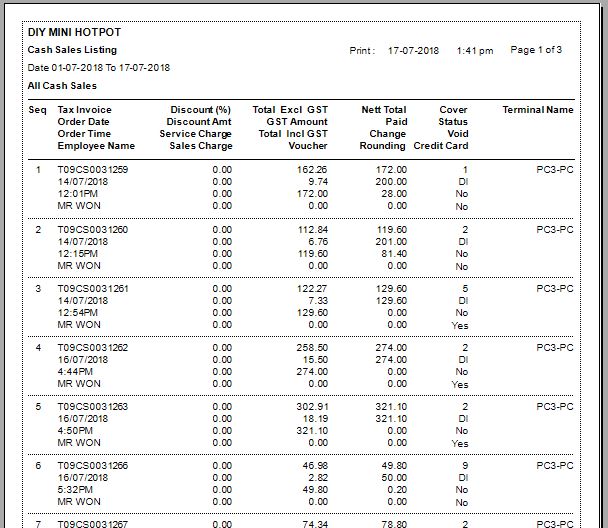 Cash Sales Listing Report